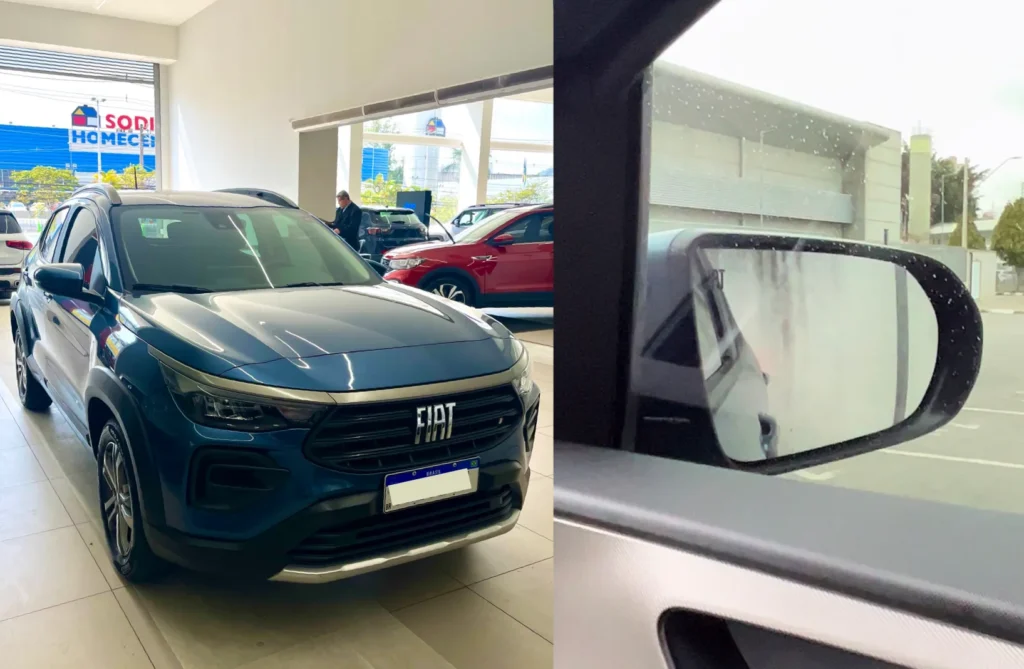 Montagem mostra Fiat Pulse azul na concessionária e espelho retrovisor direito