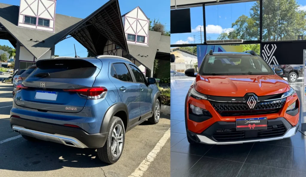 Fiat Pulse azul visto de traseira ao lado do Renault Kardian laranja visto de frente