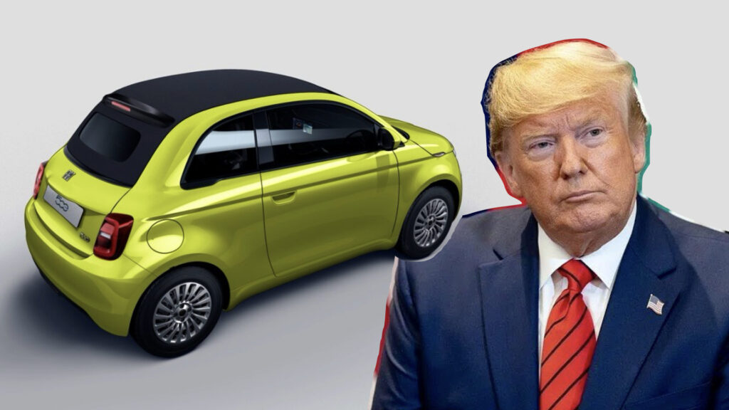 Montagem mostra Fiat 500e amarelo ao lado de Donald Trump