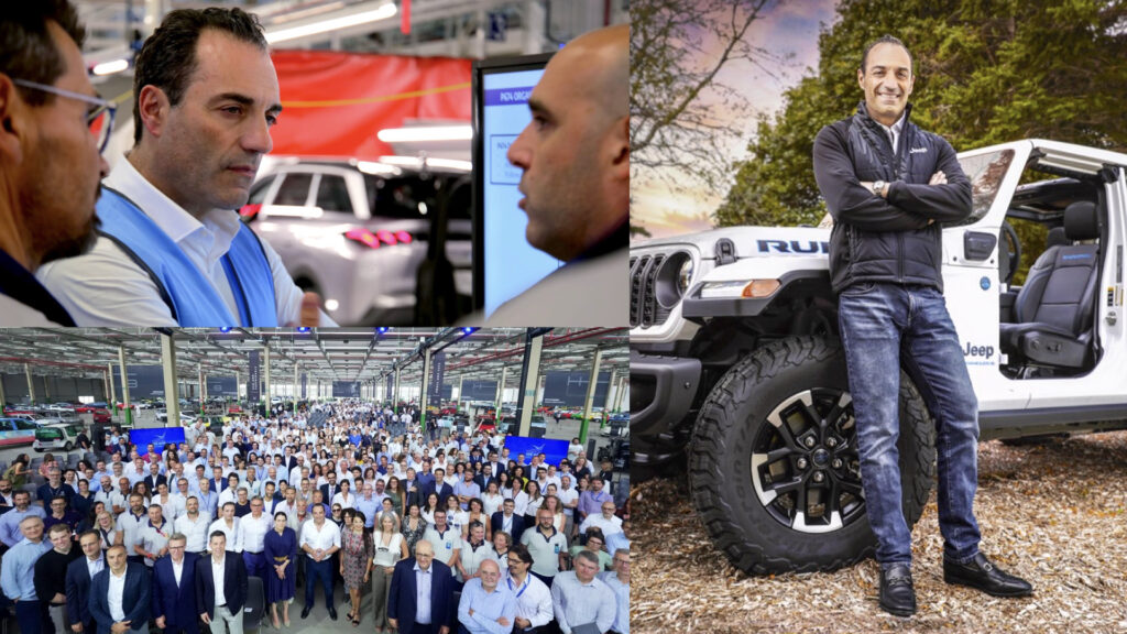 Montagem mostra fotos de Antonio Filosa em fábrica na França, durante o Town Hall na Itália, com funcionários ao fundo, e em pé, ao lado de um Jeep Wrangler branco