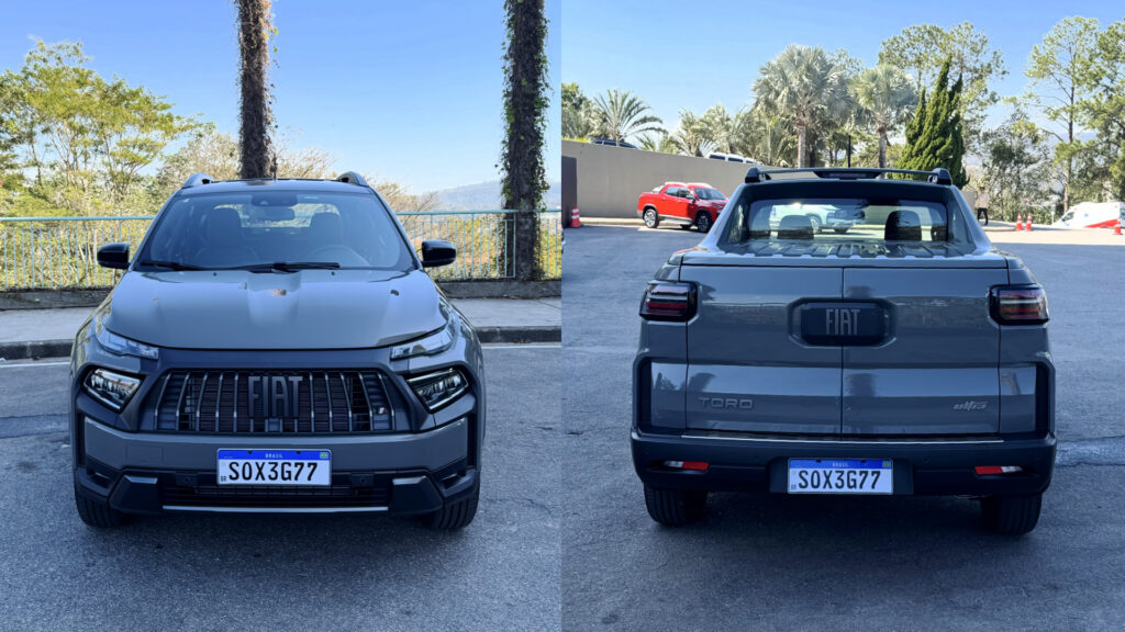 Fiat Toro 2026 na cor cinza vista de frente e, ao lado, de traseira, com céu e árvores ao fundo