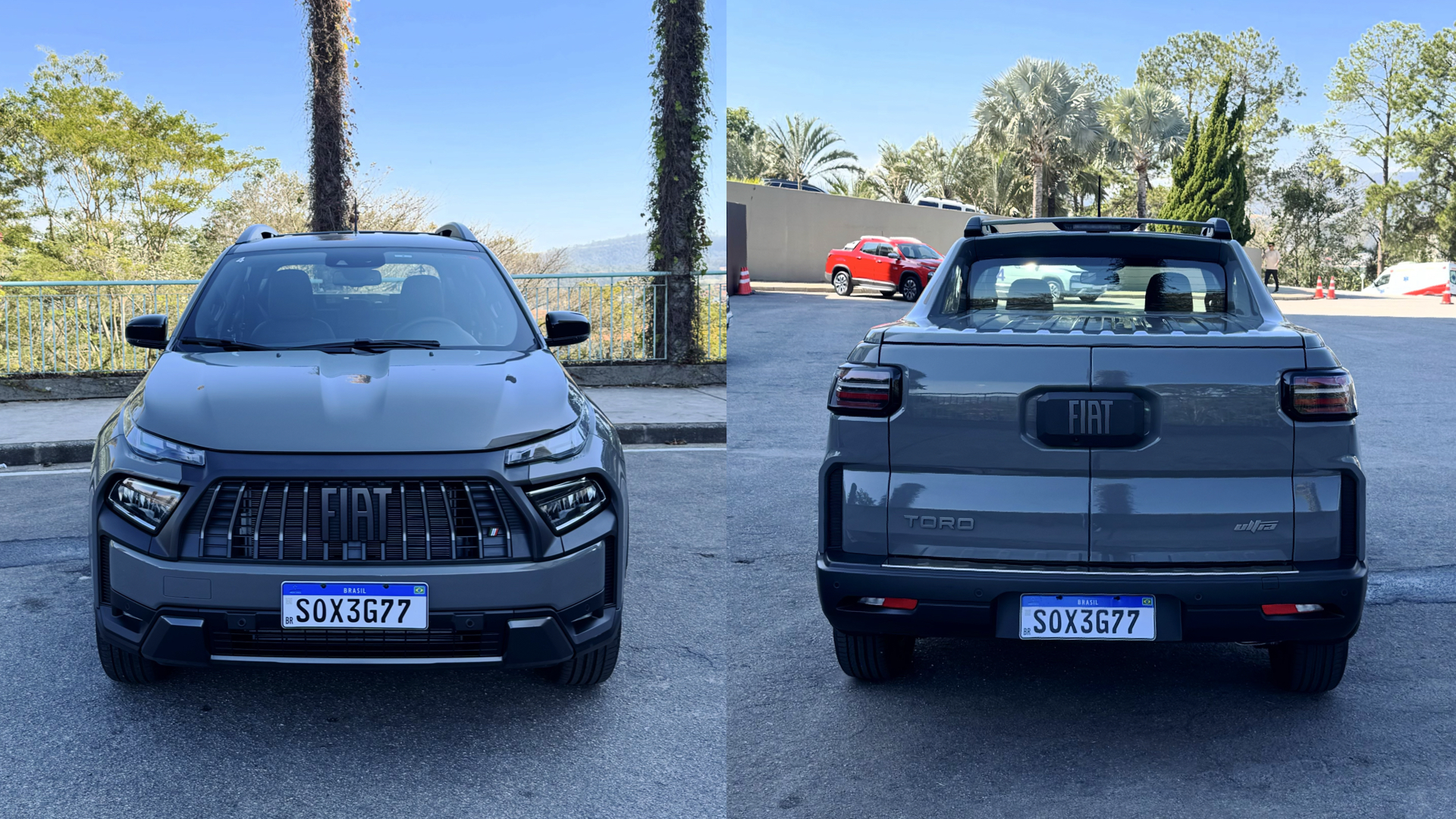 Fiat Toro 2026 na cor cinza vista de frente e, ao lado, de traseira, com céu e árvores ao fundo
