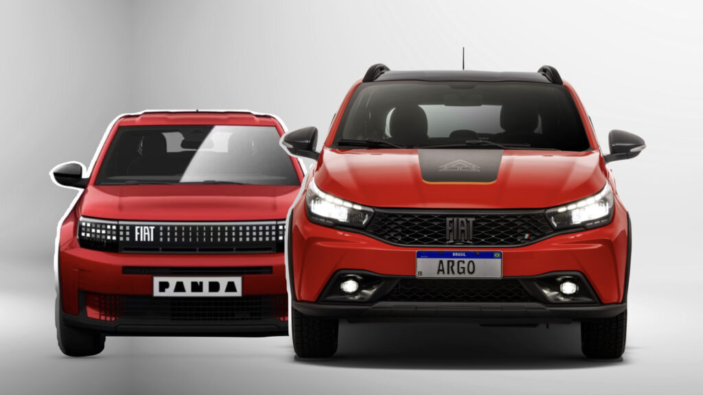 Montagem com Fiat Argo Trekking de frente e, ao fundo, o Fiat Grande Panda, ambos na cor vermelha