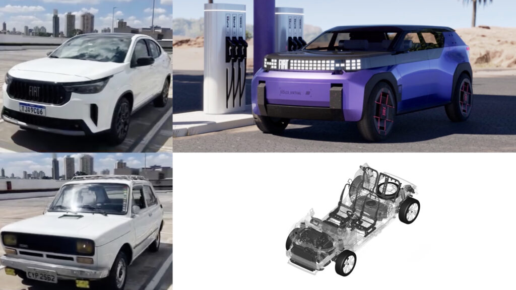 Montagem mostra Fiat Fastback junto com Fiat 147, plataforma MLA e a nova geração de SUVs da Fiat